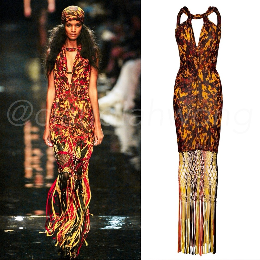 Vtg JEAN PAUL GAULTIER S/S 2005 Macrame Fringe Tortoise Shell Maxi Gown Dress
